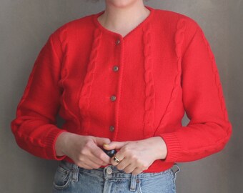 Vintage Folk Vest 80s / S M / Bright Red Wool Mix Kabel Gebreide Cropped Oostenrijkse Trachten Jas
