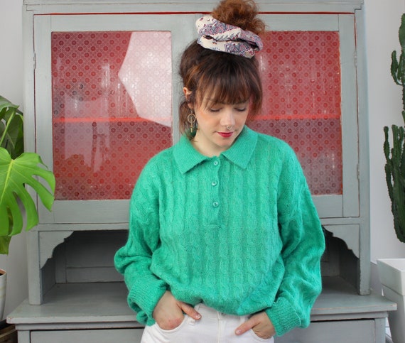 Vintage Mohair Polo Pullover 80s / L / Seafoam Gre