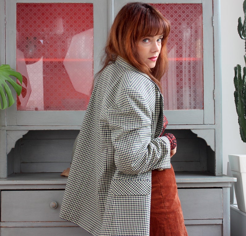 Vintage Blazer 90s Y2K Vichy Plaid Minimalist Long Oversized Blazer Beige Blue Green Plaid Jacket