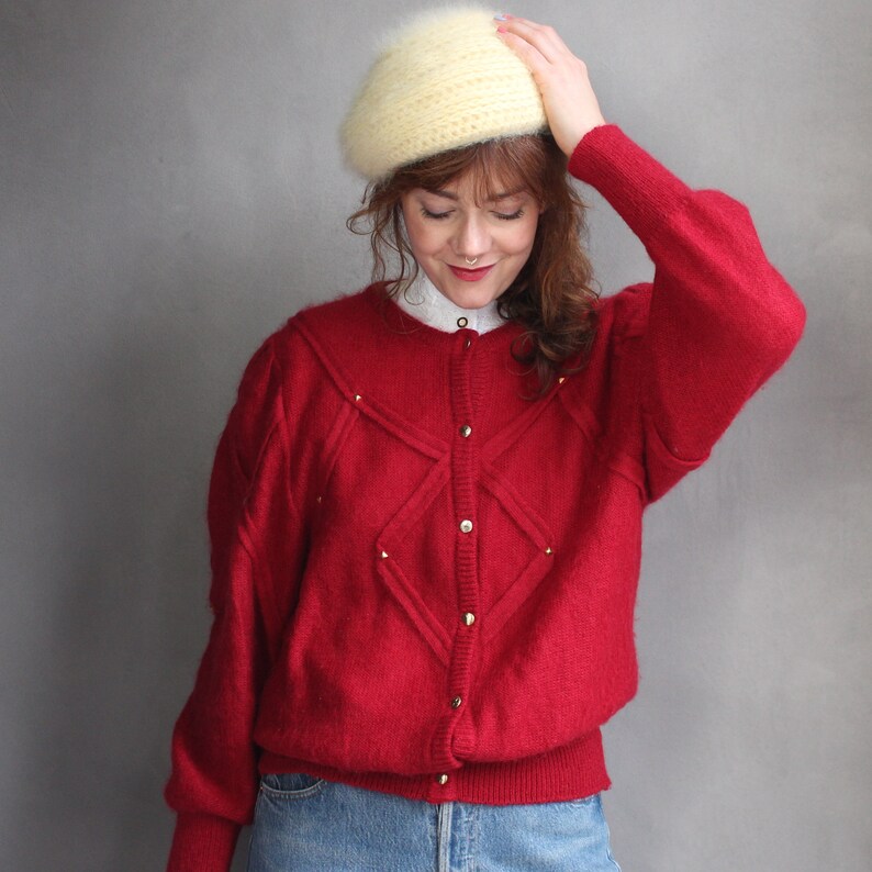 Vintage Mohair Cardigan 80s  DE42 M L  Raspberry Red Studded Super Soft Elegant Feminine Mohair Wool Mix Knit Jacket