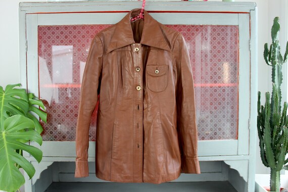 Vintage Leather Jacket 70s S Brown Rich Sleek Shin