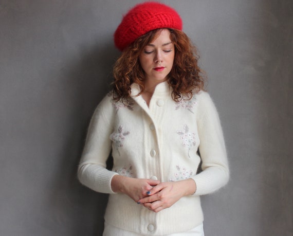 Rare Folk Cardigan 80s / S / White Virgin Wool Ang