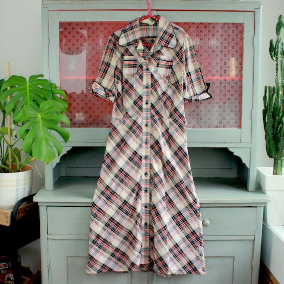 Vintage Plaid Dress 70s Shirt Dress A Line Midi Dr