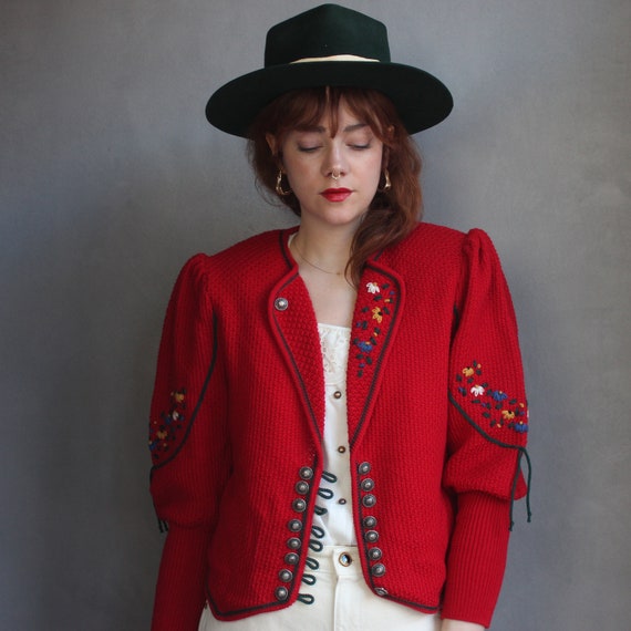 Vintage Folk Cardigan 80s / DE40 M / Red Puff Slee