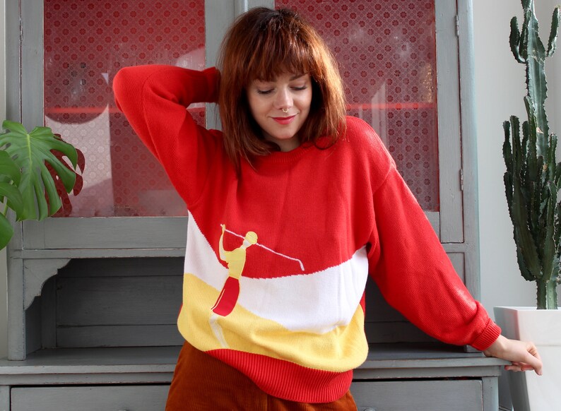Rare Vintage Pullover 80s Red Knitted Sweater Golfer Embroidery White Yellow Feminine Knitwear Longsleeve Pullover Fall Winter