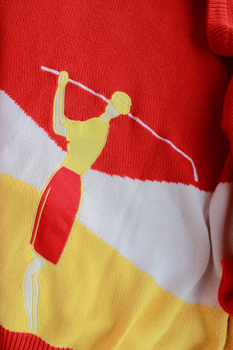 Rare Vintage Pullover 80s Red Knitted Sweater Golfer Embroidery White Yellow Feminine Knitwear Longsleeve Pullover Fall Winter
