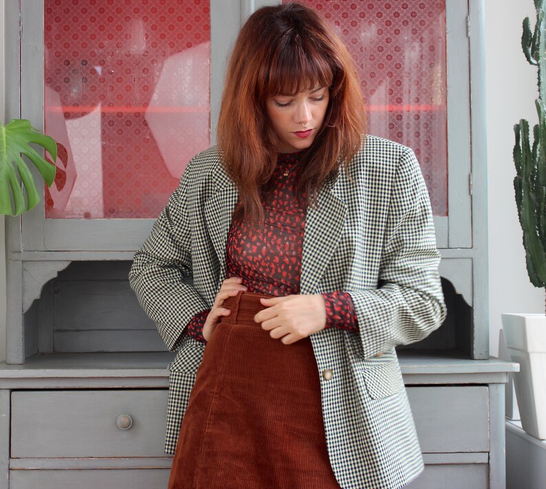 Vintage Blazer 90s Y2K Vichy Plaid Minimalist Long Oversized Blazer Beige Blue Green Plaid Jacket
