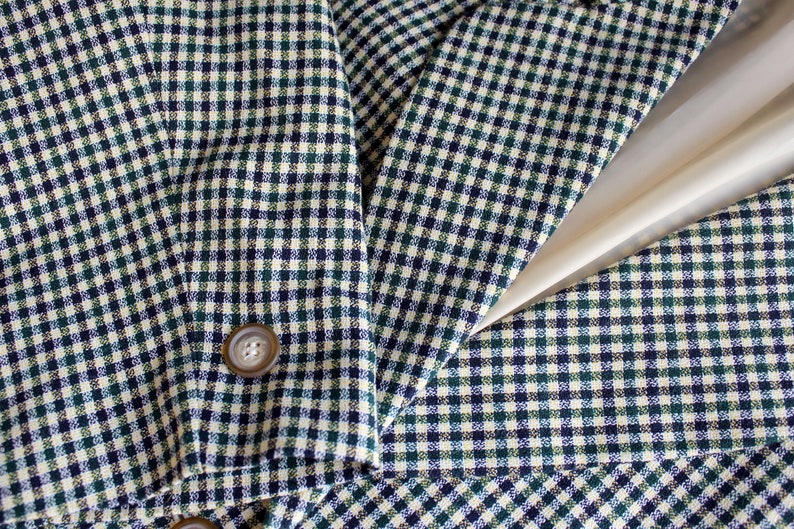 Vintage Blazer 90s Y2K Vichy Plaid Minimalist Long Oversized Blazer Beige Blue Green Plaid Jacket