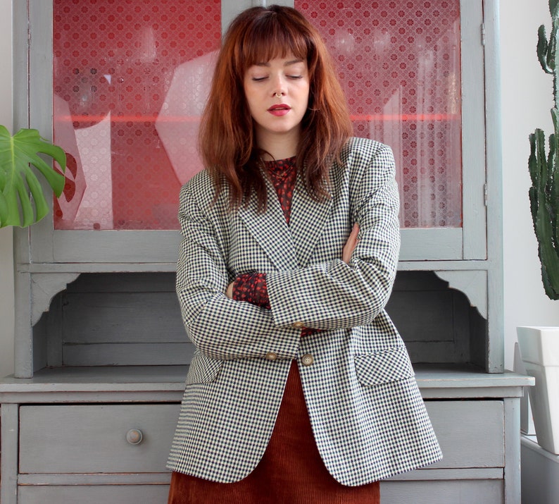 Vintage Blazer 90s Y2K Vichy Plaid Minimalist Long Oversized Blazer Beige Blue Green Plaid Jacket