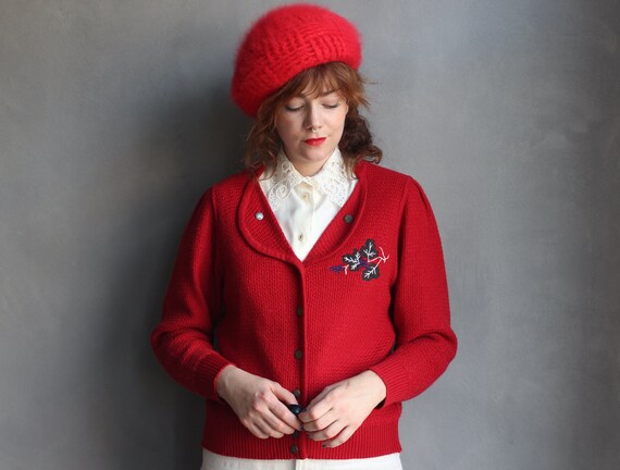 Vintage Folk Cardigan 80s / M / Red Light Wool Tra