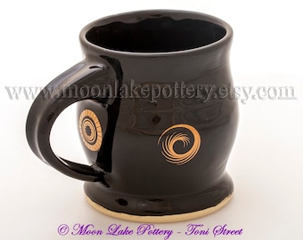 Ceramic Black 12/14 ounce Coffee Mugs with Gold Decals Wheel Thrown Pottery