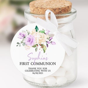 Erstkommunion Dankeschön Anhänger | EDITIERBARE Lavendel Rose Blumen Aufkleber | Lila & weiße Blumen Taufe druckbare Tags