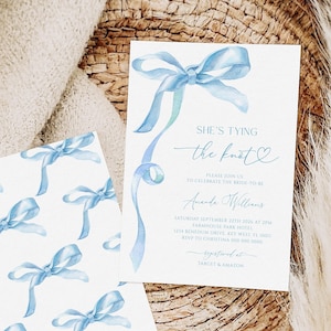 Modello di invito per la festa nuziale "She's Tying the Knot" modificabile / Modello di invito per la festa nuziale con fiocco blu moderno / Modello di invito per la festa nuziale con fiocco blu moderno / Modello di invito per la festa nuziale con fiocco blu