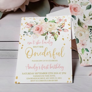 Invitación para el primer cumpleaños de bebé con flores en rosa ruborizada EDITABLE / Plantilla para el primer cumpleaños imprimible / Brillantina dorada ¿No es maravillosa?