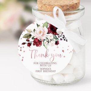 Modello etichetta bomboniera Marsala e oro rosa, MODIFICABILE, Boho Round Thank You Stickers, Bomboniera di compleanno stampabile, Doccia floreale, Download istantaneo