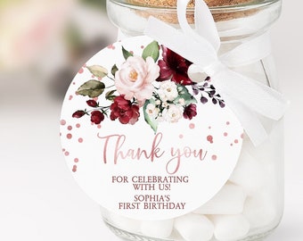 Floral Favor Tag Template: Marsala & Rose Gold, Editable (Instant Download)