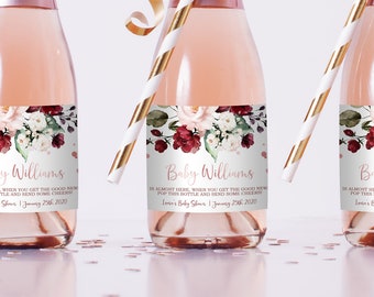 Label met bloemen babyshower minichampagne: roségoud, bewerkbaar (digitale download)
