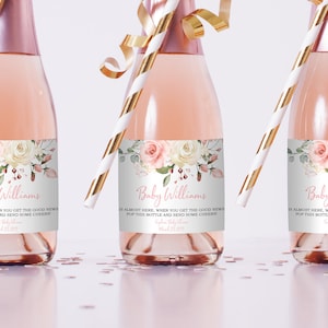 Boho Baby Shower Wine Label, EDITABLE Template, Printable Mini Champagne Bottle Label, Blush Pink Floral Girl Shower, Baby Gift Wine, Favor