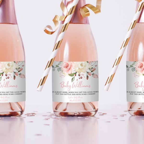 Boho Baby Shower Wine Label, EDITABLE Template, Printable Mini Champagne Bottle Label, Blush Pink Floral Girl Shower, Baby Gift Wine, Favor