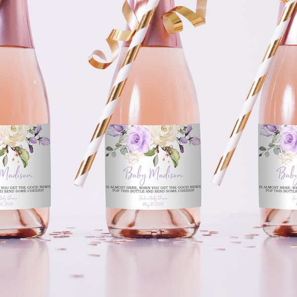 Lavender Rose Floral Shower Wine Label, EDITABLE Template, Printable Mini Champagne Bottle Label, Purple Floral Girl Baby Gift Wine Favor