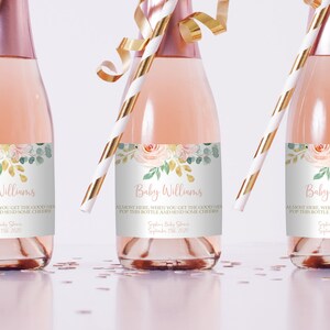Boho Baby Shower Wine Label, EDITABLE, Printable Mini Champagne Bottle Label Template, Blush Pink Floral Girl Baby Shower, Gift Wine, Favor