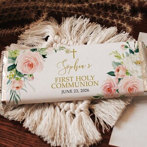 Floral First Communion Chocolate Bar Wrapper | Editable Blush Pink Candy Wrapper Template | Pink Rose Girl Hershey Wrapper