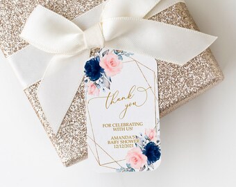 Floral Thank You Tag: Blush Pink & Navy, Editable Template (2x3.5")