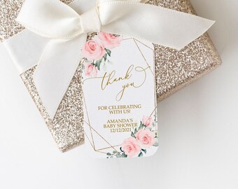 Blush Pink Floral Wedding Thank You Tag: Editable Template (2x3.5")