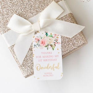 Plantilla de etiqueta de agradecimiento floral rosa rubor, EDITABLE, Etiqueta de favor de oro imprimible, Etiqueta de favor de bautismo, 2x3.5", Cumpleaños, Ducha, Descarga instantánea