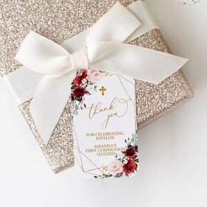 Marsala & Blush Pink Floral Erstkommunion Danke Tag, EDITIERBARE Vorlage, rote Rose Blumen Taufe Tag druckbar, Gunst Tag, 5x3,5"