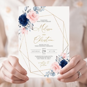 Blush Pink & Navy Floral Hochzeitseinladung | EDITIERBARE Vorlage | Printable Blaue Rose und Gold Rahmen Hochzeit einladen | Elegante Rustikale Hochzeit