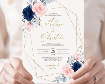 Floral Wedding Invitation: Blush Pink, Navy, and Gold (EDITABLE Template)