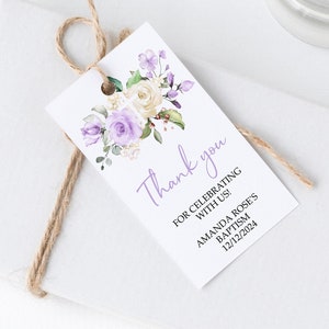 Lavendel Rose Taufe Dankeschön Anhänger | EDITIERBARE Lila & Creme Blumen Kommunion Favor Tag | Druckbare Goldrahmen Vorlage, 5x9cm