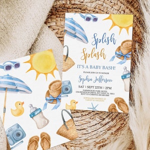 Faire-part de baby shower Splish Splash Baby Bash Boy, modèle de baby shower d'été garçon MODIFIABLE imprimable, invitation de baby shower de plage bleue