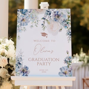 Elegant Blue Hydrangea Graduation Party Welcome Sign | EDITABLE Dusty Blue Floral Poster Template | Printable Grad Party Welcome
