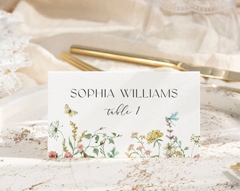 Butterfly Place Card Template, EDITABLE Printable Name Seating Card, Calligraphy Name Card, Red & Pink Wildflower Wedding, INSTANT DOWNLOAD