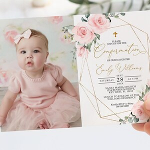 Blush Pink Floral Confirmation Invitation: Editable Photo Template