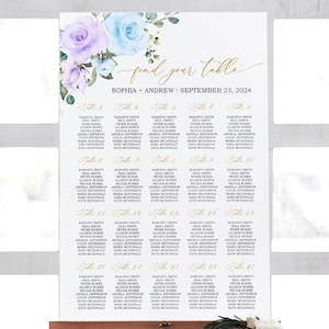Blue & Purple Flowers Wedding Seating Chart / Modello MODIFICABILE / Poster del tavolo per matrimonio con testo Boho Rose and Gold / Planimetria dei posti a sedere stampabile fai da te