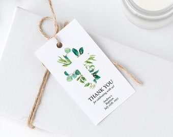 Green Cross Baptism Favor Tag, EDITABLE Template, Greenery Floral Boy Dedication Thank You, Printable Favour Tag, Shower, Instant Download