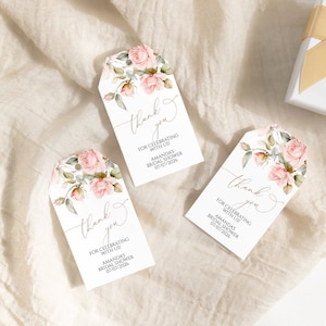 Étiquette de remerciement fleurs roses douces | Modèle d'étiquette de faveur MODifiable imprimable rose blush | Étiquette de cadeau florale pour anniversaire, douche, mariage
