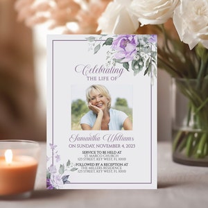 Modèle d'invitation aux funérailles rose lavande, MODIFIABLE, faire-part imprimable, service commémoratif floral, célébration de la vie, téléchargement immédiat