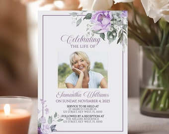 Lavender Rose Funeral Invitation Template: Floral Memorial Announcement (Digital Download)