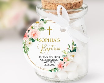 Blush Pink Floral Baptism Favor Tag: Editable Template (Instant Download)