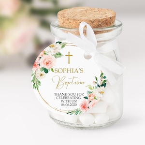 Etiqueta de favor de bautismo, plantilla EDITABLE, pegatinas de agradecimiento florales rosa rubor redondo, etiqueta de favor imprimible, cumpleaños, ducha, descarga instantánea
