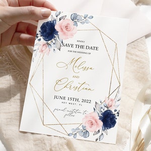 Blush Pink & Navy Floral Save the Date Einladung | EDITIERBARE Vorlage | Blaue Rose Datumskarte zum Ausdrucken | Goldrahmen Kalligraphie