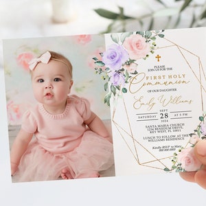 Blush Pink & Violet Blumen Erste heilige Kommunion Einladung | Bearbeitbare Vorlage | Boho Blumen Mädchen Taufeinladung mit Goldrahmen