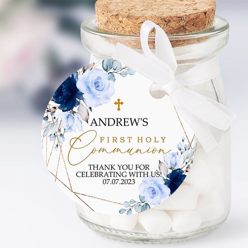Baptism Favor Tag Template EDITABLE Round Blue & Gold Floral Etsy