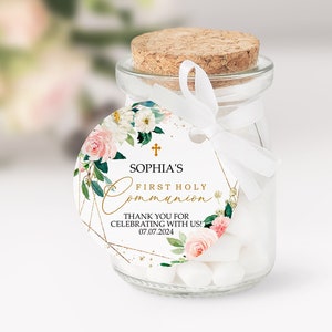 Boho Blush Pink Flowers Erstkommunion-Dankesanhänger, EDITIERBARE Vorlage, runde rosa Rosen-Gastgeschenkaufkleber, Goldrahmen-Taufanhänger zum Ausdrucken