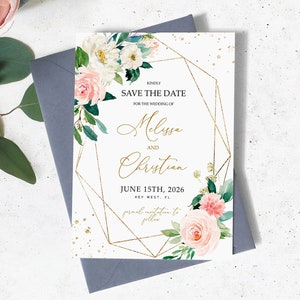 Boho Blush Pink Flowers Save the Date Invitation | EDYTOWALNA Różowa Róża i Złota Ramka Wydrukuj Ślubną Kartkę Save Our Date | Zaproszenie Kaligrafia