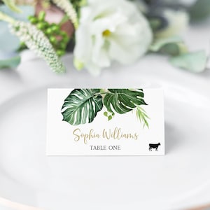 Cartões de lugar tropicais editáveis, modelo de cartão de lugar para impressão, cartão de assento verde, cartão de visita, noiva, chá de bebê, aniversário, cartão de casamento